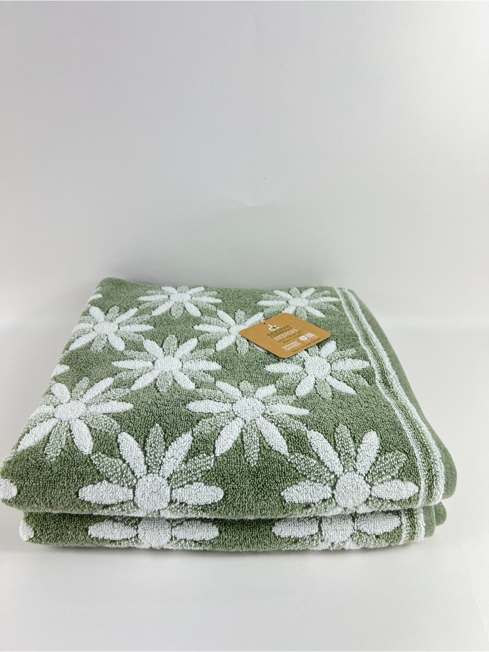 Deborah Connolly Bath Towels Green and White Floral Soft Cotton Blend 2 Pc NEW